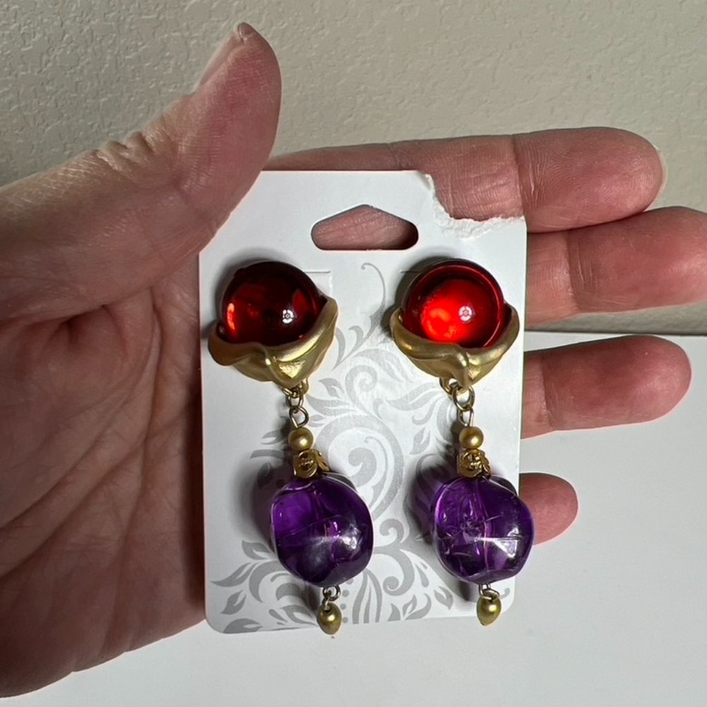 Red, Purple & Gold Dangle‎ Earrings